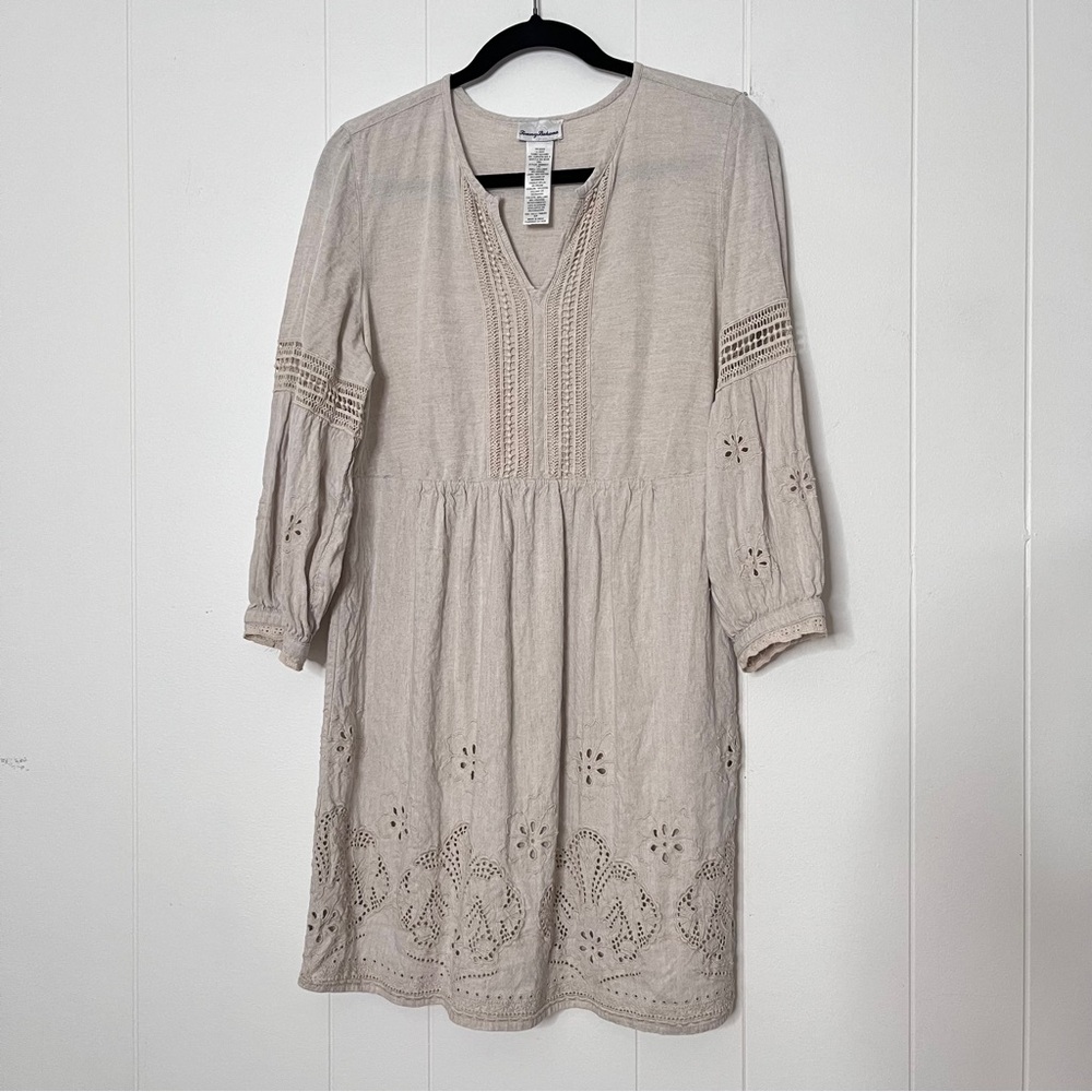 Tommy Bahama St. Lucia Linen Tan Eyelet Mini Dress Coastal Balloon Sleeve Size S - Picture 1 of 10